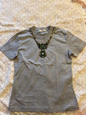 Prada Gray Short Sleeve Tee with Green Bejeweled Necklace Detail